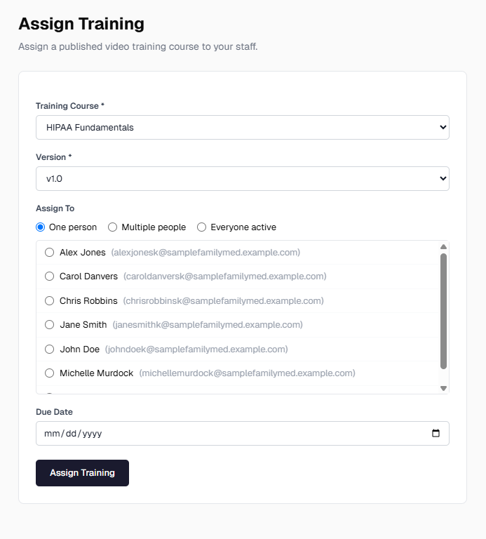 Assigning a training course to one person, several people, or everyone active